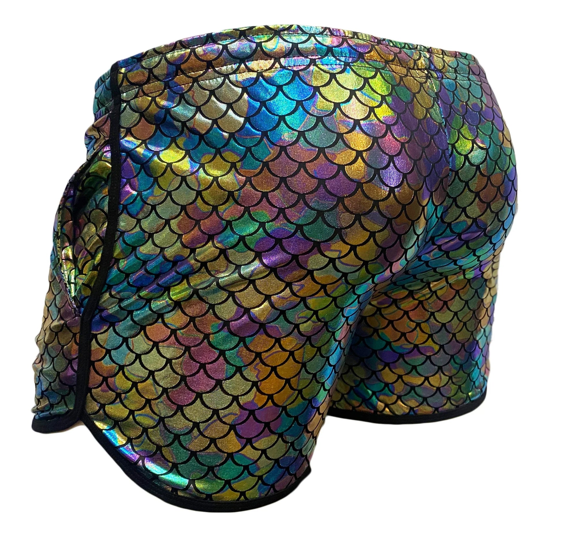 Merman short iridescent mermaid scale patterned shorts with black trim showing front side