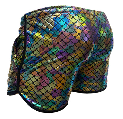 Merman short iridescent mermaid scale patterned shorts with black trim showing front side