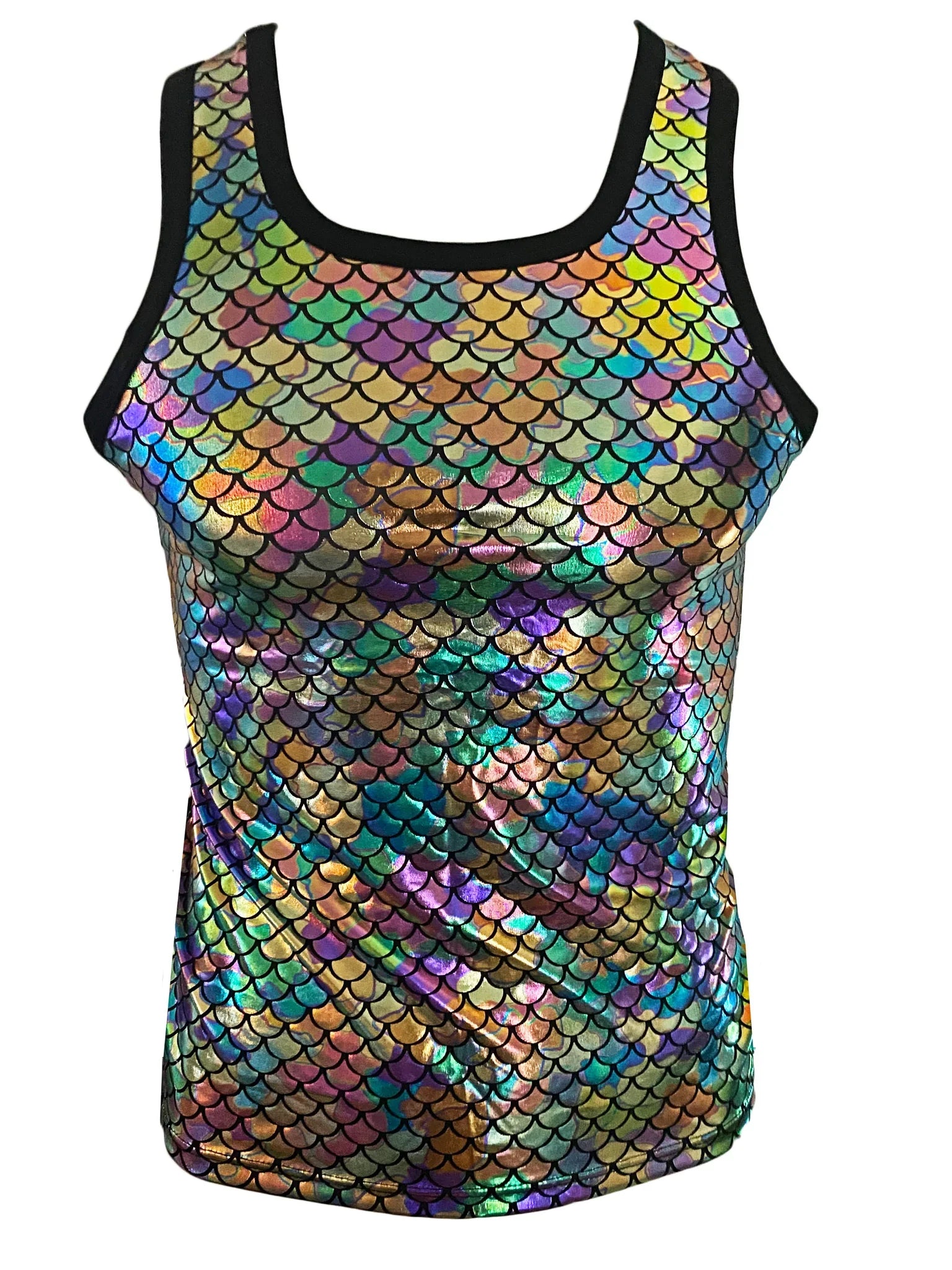 Merman tank shimmering iridescent tank top with vibrant multicolored fish scale pattern and black trim on neckline and armholes