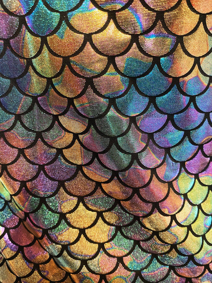 Merman tank featuring iridescent holographic mermaid scale fabric with black outlined scales for eye-catching style