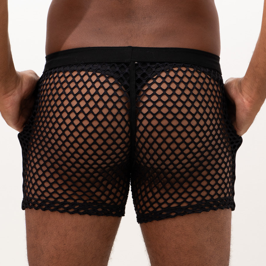 Black mesh swim trunks mesh back short with solid waistband showing the back side of the swimwear