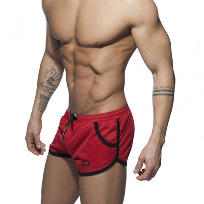 Red mesh athletic shorts with black trim and a small logo on the lower left leg from mesh basic rocky collection