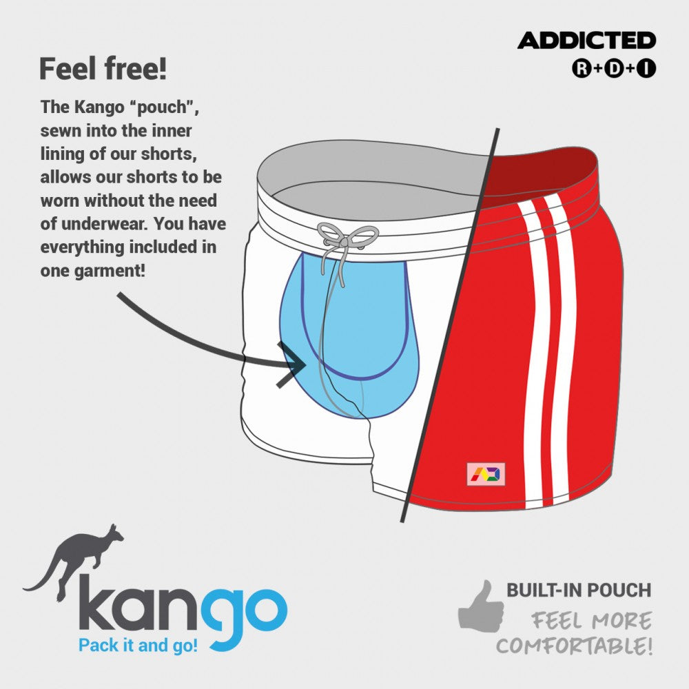 Red and white striped mesh basic rocky shorts with built-in blue pouch sewn into the inner lining