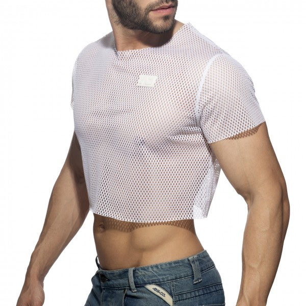 White mesh crop top with short sleeves and a small rectangular patch on the chest for casual wear