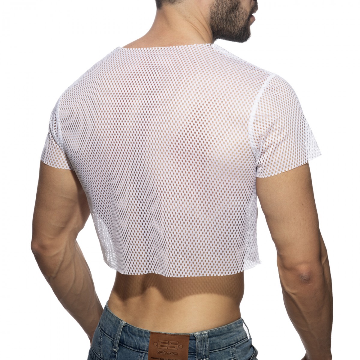 White mesh crop top with short sleeves and round neckline made of breathable mesh fabric for casual wear