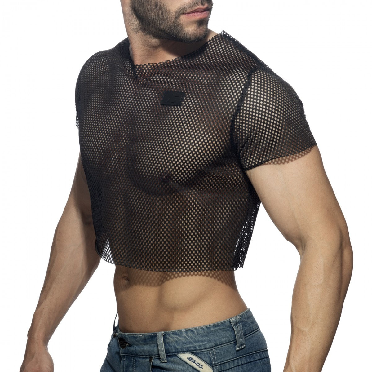 Black mesh crop top with short sleeves and round neckline made of breathable mesh fabric for casual wear