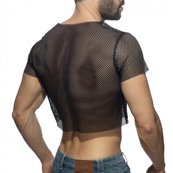Black mesh crop top with short sleeves and round neckline made of breathable mesh material for casual wear