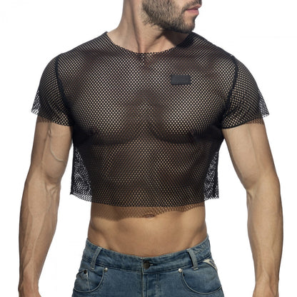 Black mesh crop top with short sleeves and a small rectangular patch on the chest perfect for casual wear