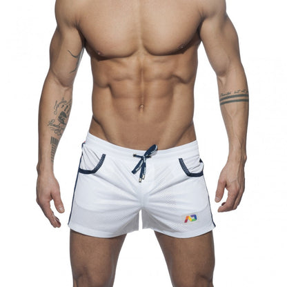 White mesh athletic shorts with navy blue drawstring trim and colorful logo mesh rainbow short