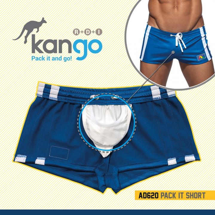 Blue kangoo ad620 pack it short swim trunks with white side stripes and built-in pouch in mesh rainbow short design