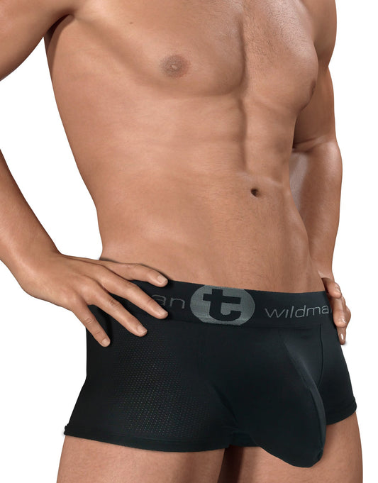WildmanT black mesh boxer brief with a contoured pouch and branded elastic waistband worn by a shirtless man.