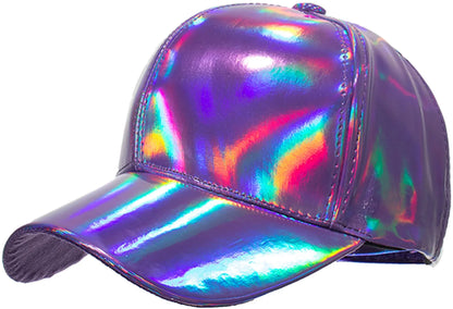Metallic baseball cap in shiny iridescent purple with a holographic finish reflecting rainbow colors
