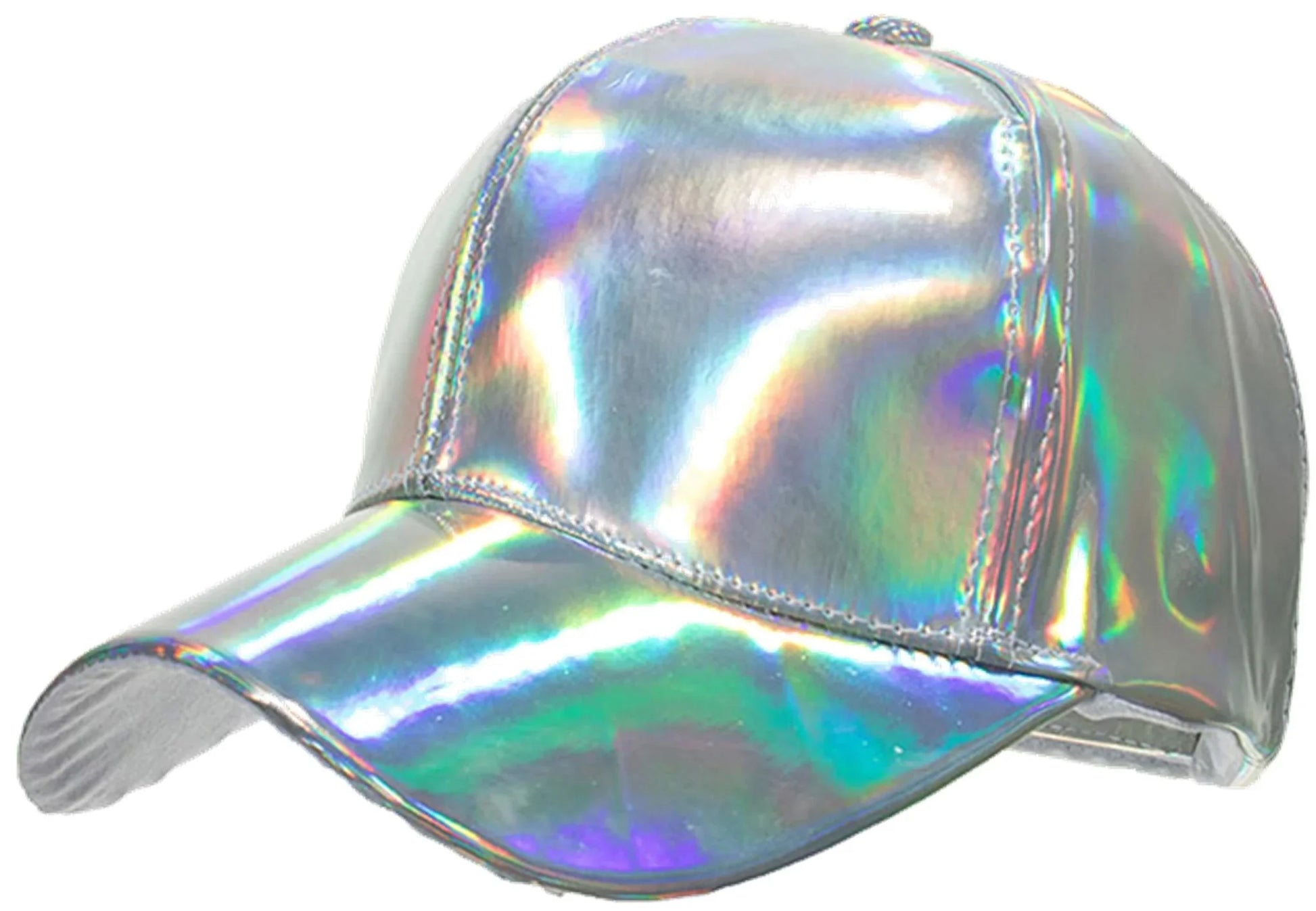 Metallic baseball cap with shimmering holographic reflective iridescent finish shifting between silver and rainbow hues