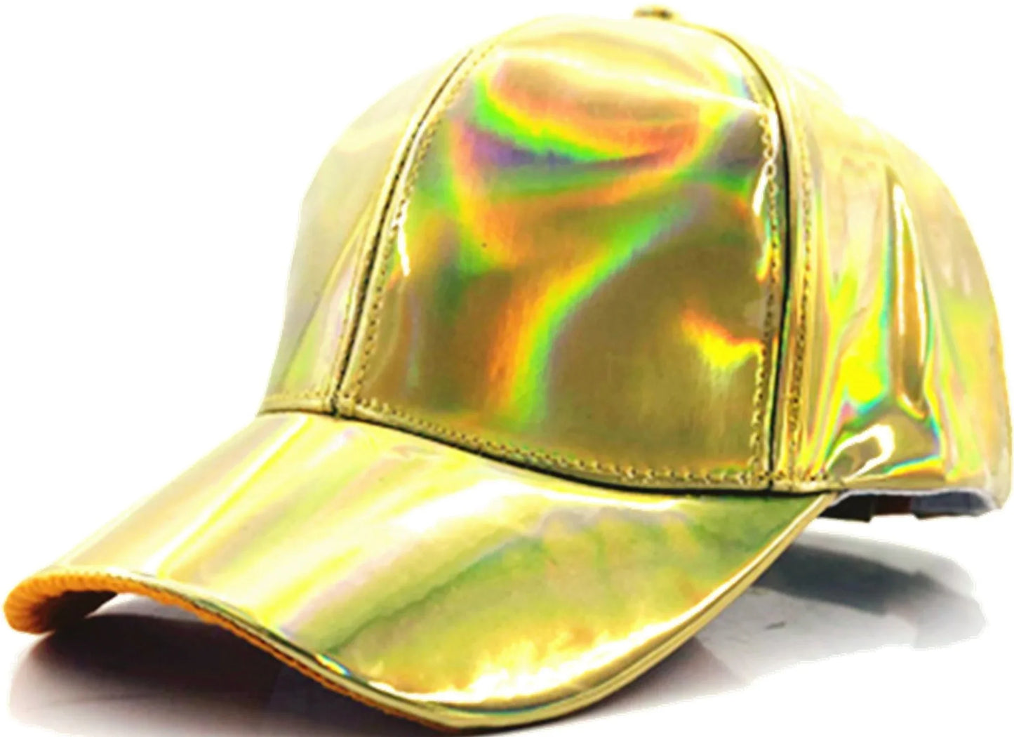 A shimmering gold metallic baseball cap with a reflective iridescent finish available in 4 colors