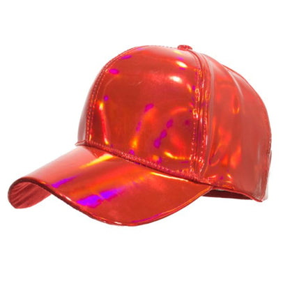 A vibrant holographic red metallic baseball cap with a glossy finish and iridescent reflections in four colors available