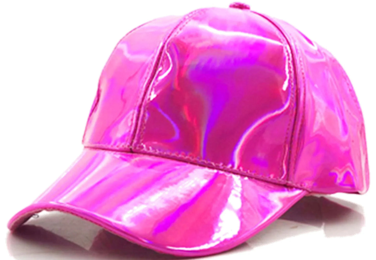 A metallic baseball cap in shiny holographic pink with a curved brim and stitched seams