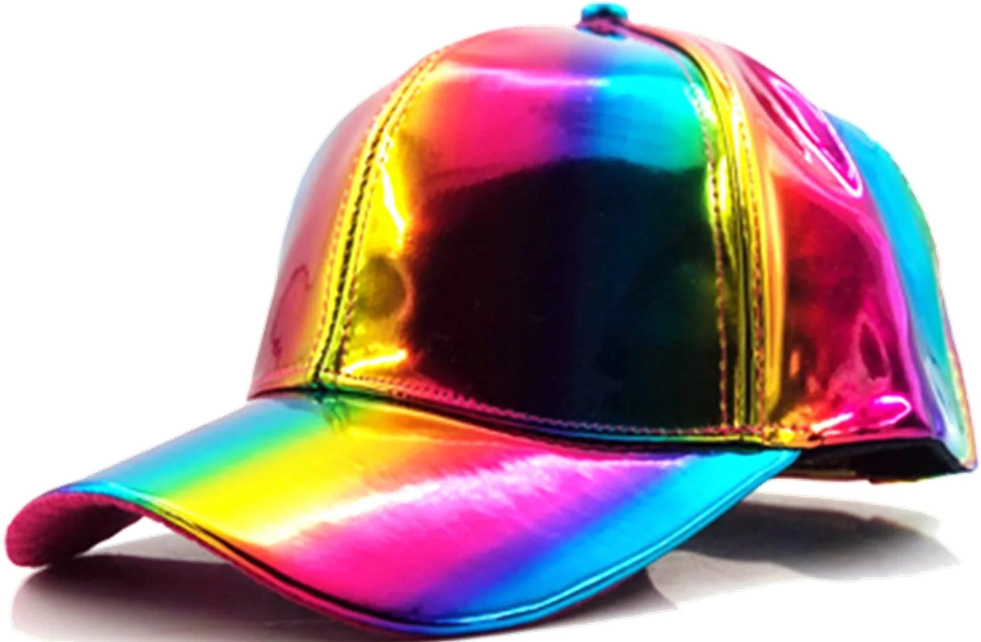 A shiny metallic baseball cap with a glossy iridescent finish in rainbow hues