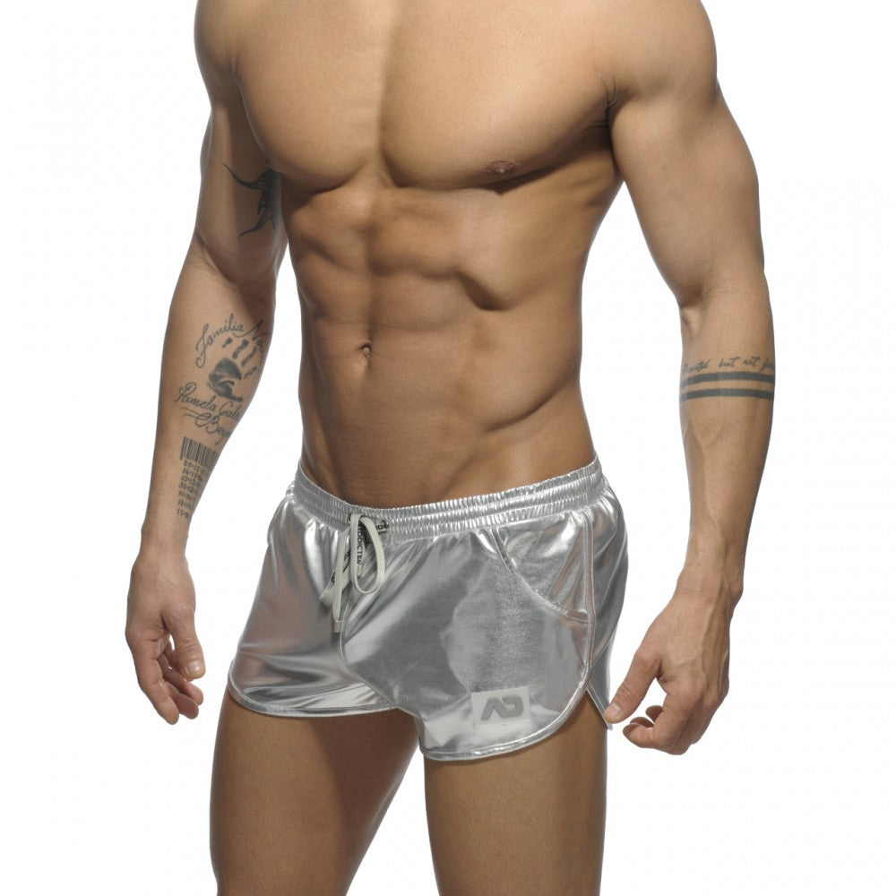 Shiny silver metallic shorts with drawstring waistband and side pockets in metallic short product image