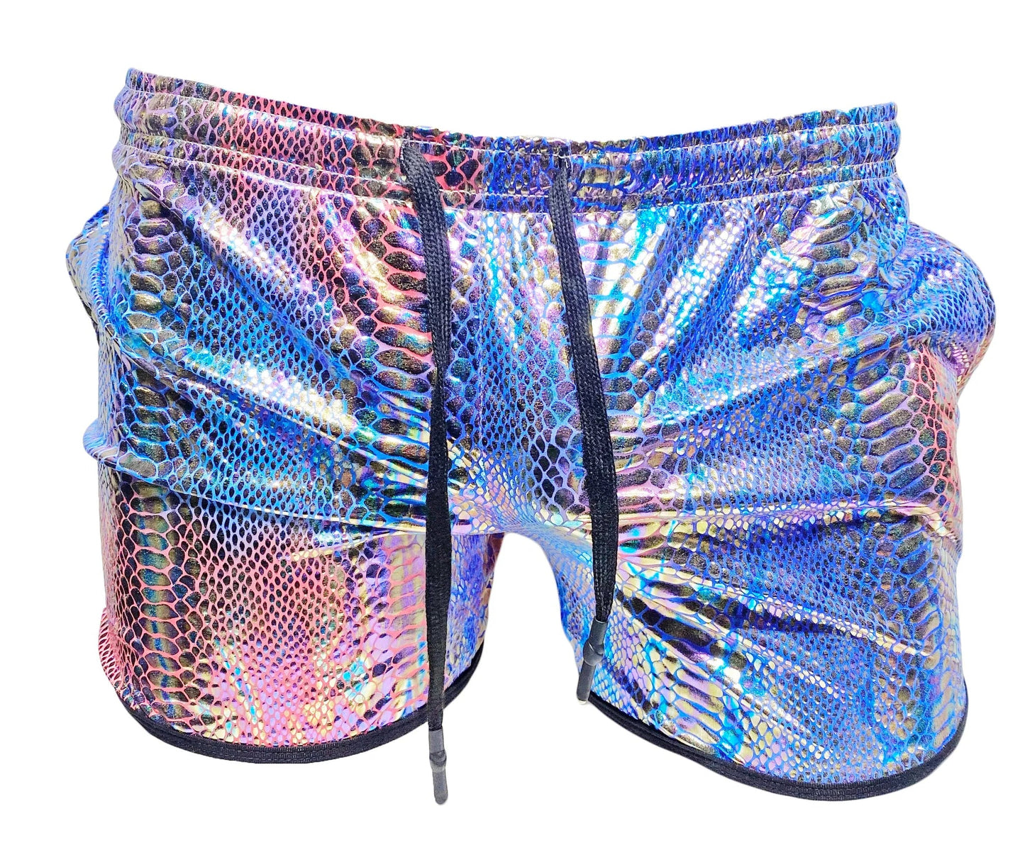 Metallic snake pocket shorts in iridescent blue and pink snake-scale pattern with black drawstrings