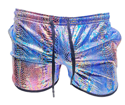 Metallic snake pocket shorts in iridescent blue and pink snake-scale pattern with black drawstrings