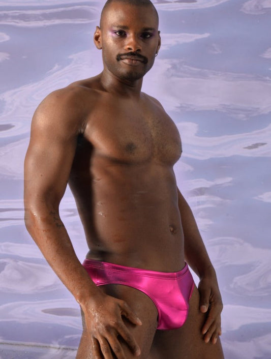 Metallic swim brief in bright pink shiny satin made for stylish swimming and beachwear