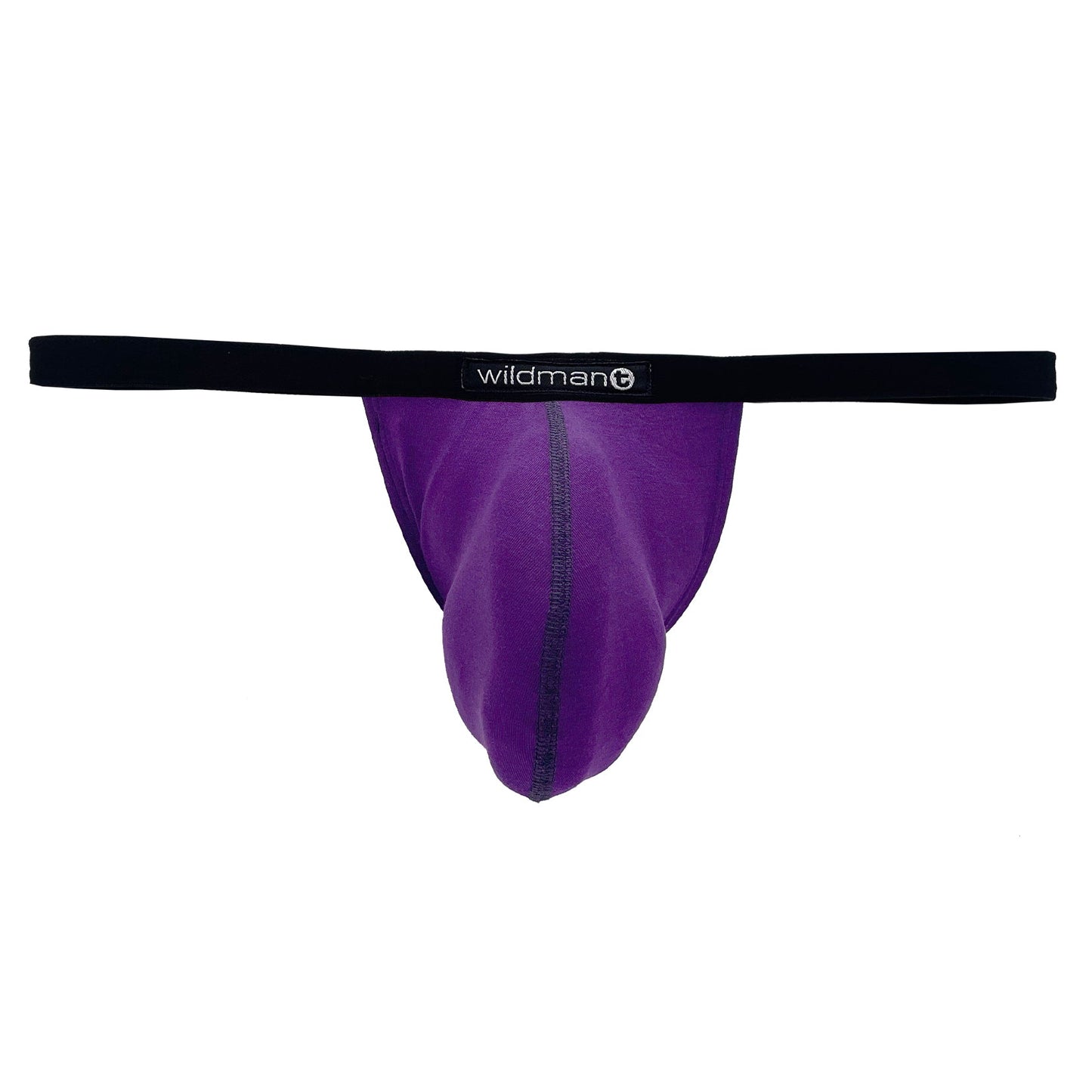 Purple modal micro thong with a prominent center-seamed pouch and a black waistband featuring the WildmanT logo.