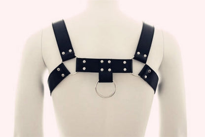 Black leather harness with silver metal studs and central ring from metromalewear bulldog leather harness mh1