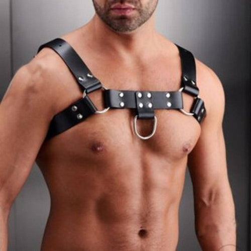 Black leather bulldog harness by metromalewear with silver metal hardware and a central d-ring