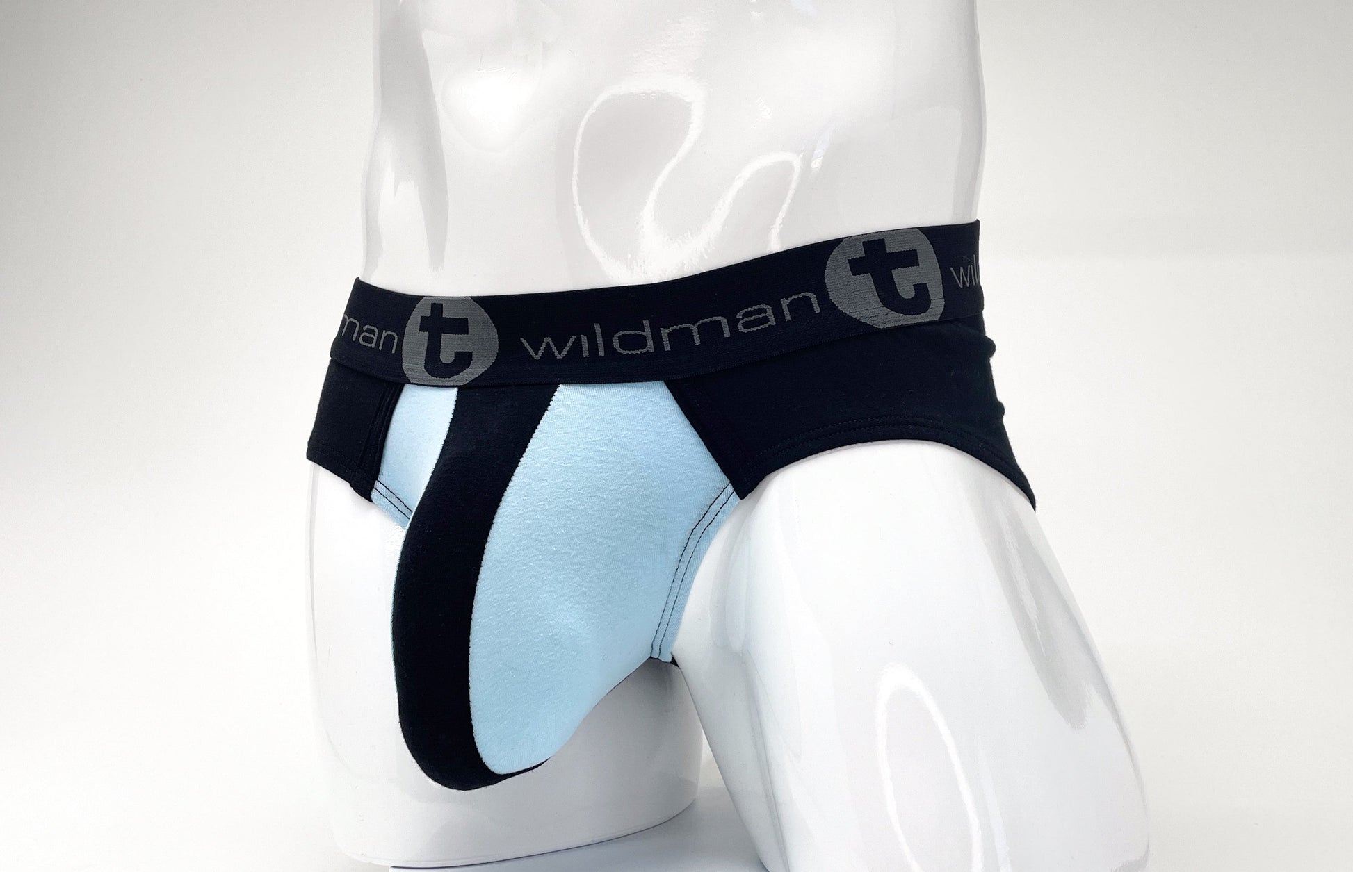 Stretch cotton pouch brief in black and light blue, featuring a branded elastic waistband on a white mannequin torso.