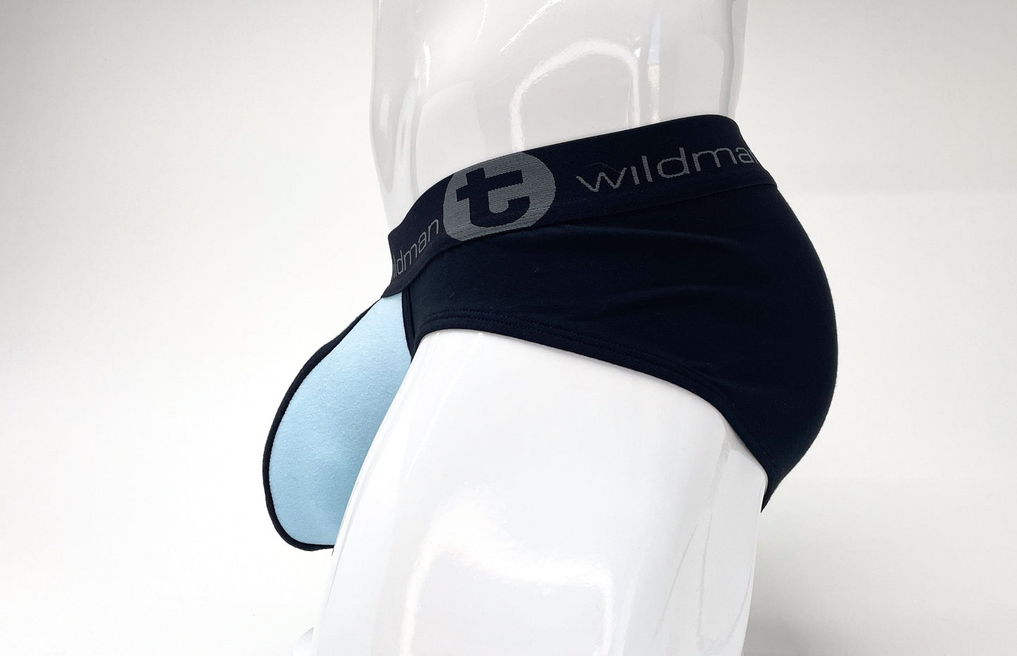 Black stretch cotton brief with a contrasting light blue pouch and logo waistband on a white mannequin.