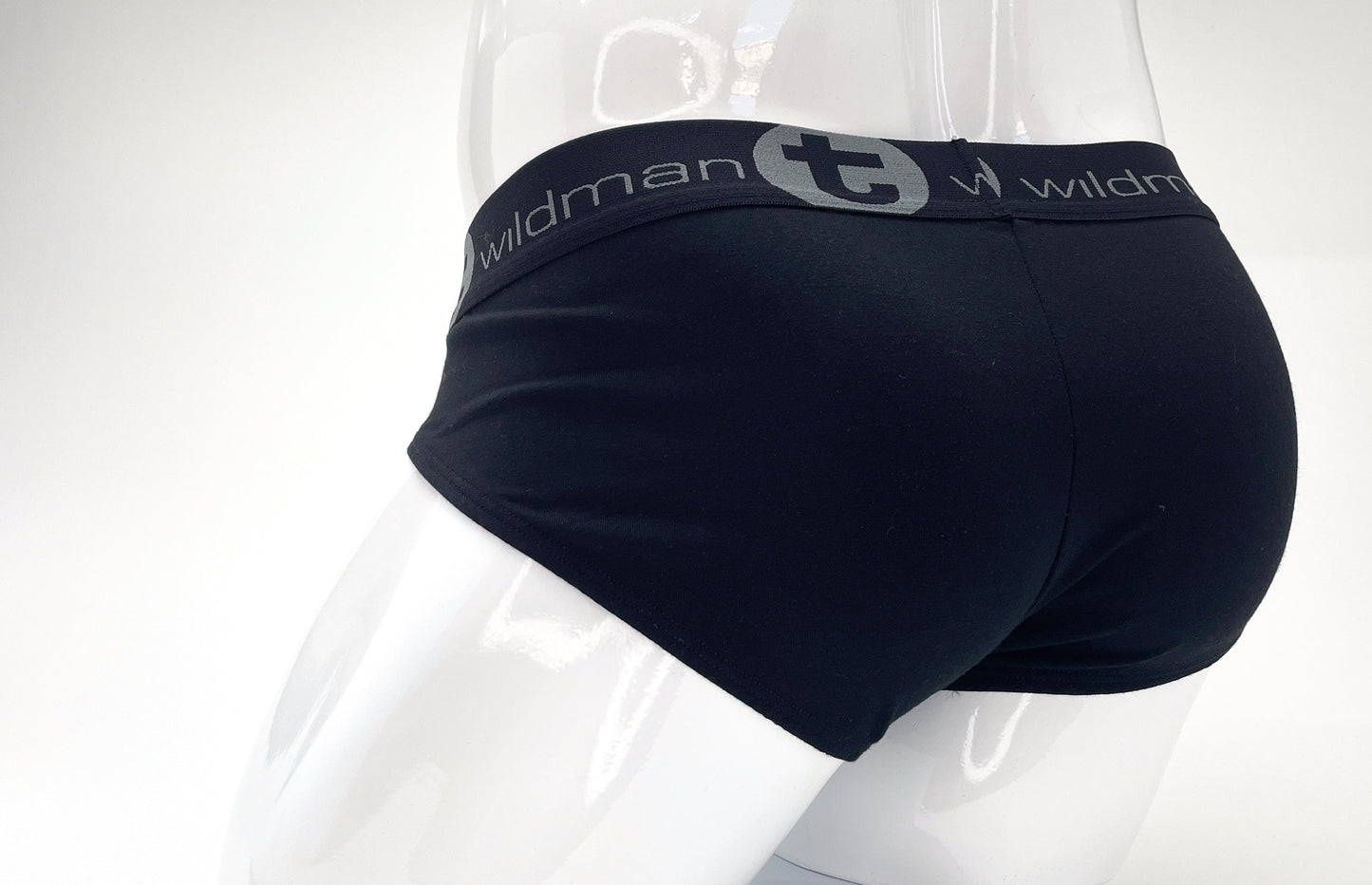 Black stretch cotton pouch brief with a branded grey waistband on a white mannequin.