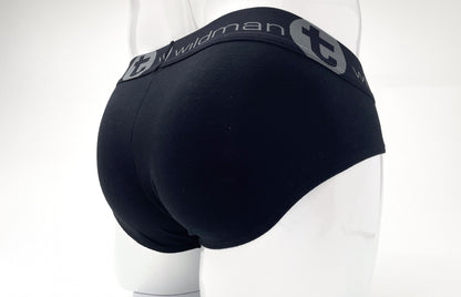 Back view of black stretch cotton briefs with a wide, gray-branded elastic waistband on a white mannequin.