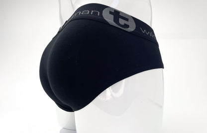 Black stretch cotton brief with a branded elastic waistband on a white mannequin.