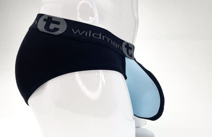 Black stretch cotton brief with a light blue pouch and a black waistband featuring grey "Wildman" branding.