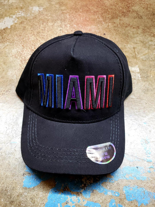 Black miami baseball cap with gradient rainbow embroidered logo on front ideal for casual wear