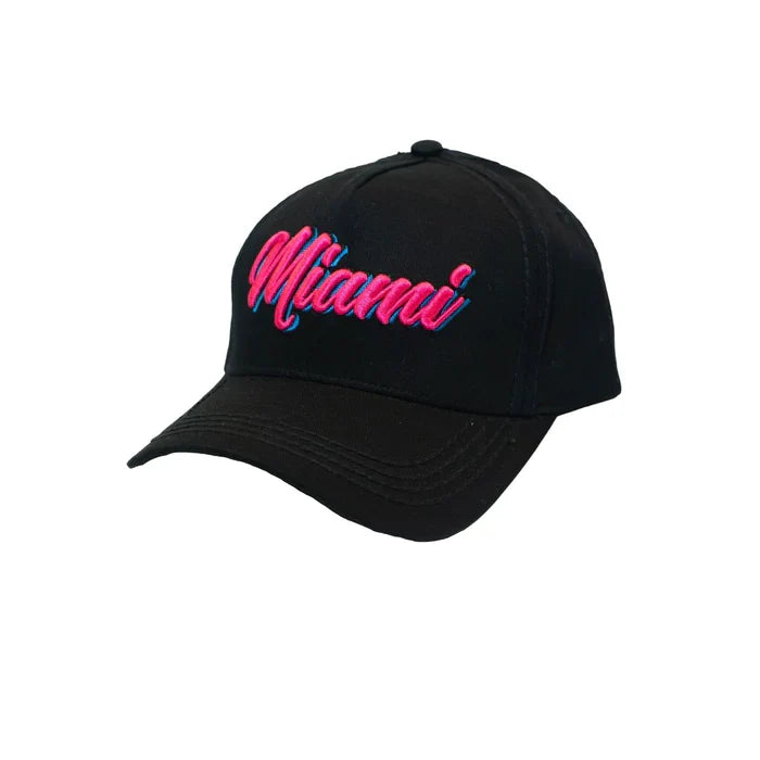 Black baseball cap with vibrant pink and blue embroidered miami script on front for casual wear