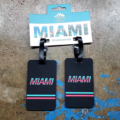 Black rectangular miami luggage tags set of 2 with retro pink and cyan lettering and matching horizontal stripes