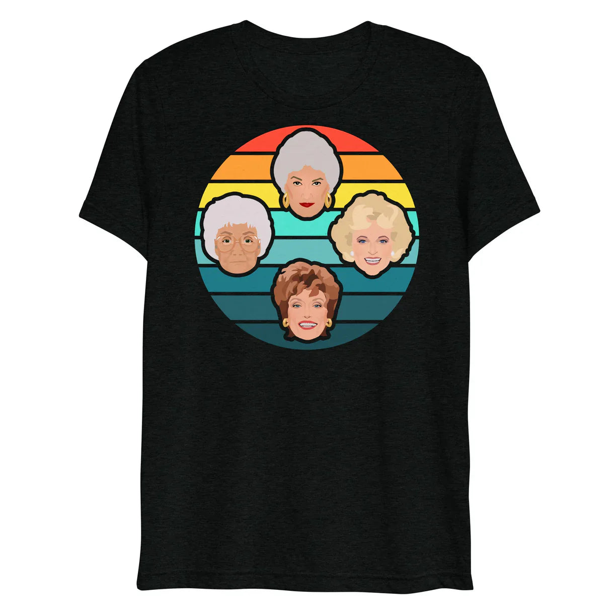 Black short-sleeved t-shirt with a circular golden girls graphic on a rainbow gradient background titled Miami Sunset