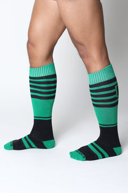 Midfield knee high sock in green and black stripes with ribbed cuffs for comfortable all-day wear