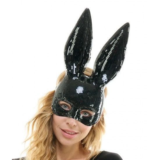 Black sequined mirror bunny mask with long pointed ears for costume or party wear