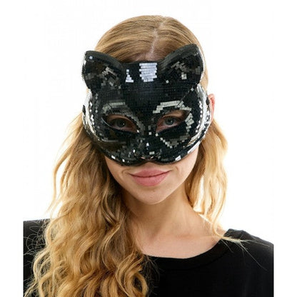 Black sequined mirror cat mask with sparkling pixelated design perfect for costume parties and events