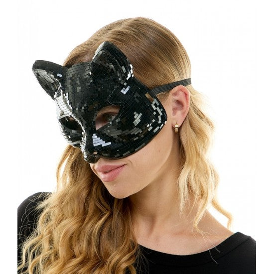 Black sequined mirror cat mask with pointed ears and a sleek glittering design for costume or masquerade use