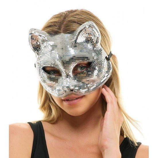 Silver disco mirror cat mask with reflective mosaic tiles and pointed ear shapes for costume and parties