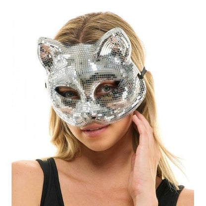 Silver disco mirror cat mask with reflective mosaic tiles and pointed ear shapes for costume and parties