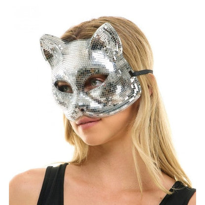 Silver disco mirror cat mask with pointed ears and black adjustable strap for costume or party use