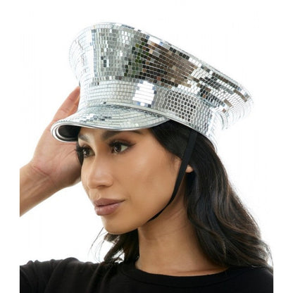 A shimmering silver disco mirrored festival hat adorned with reflective mosaic tiles for party wear
