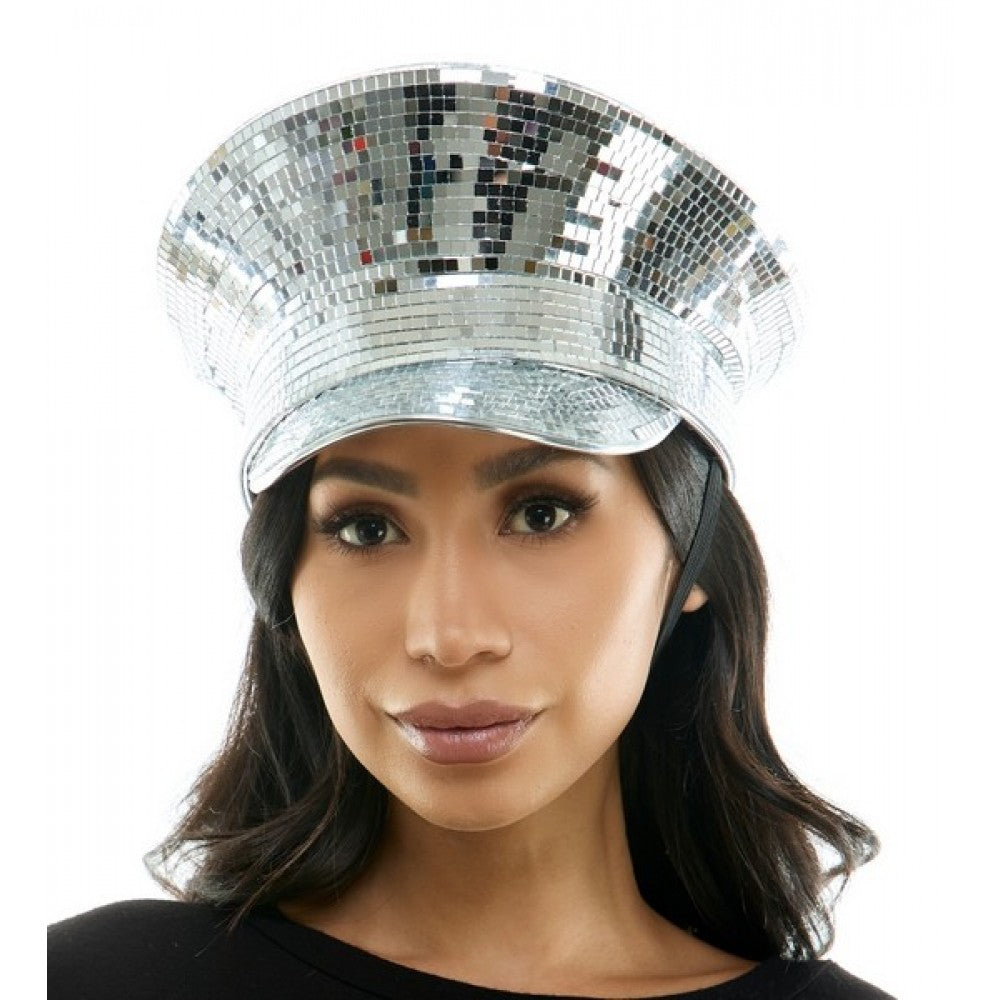 A shiny silver mirrored festival hat with a reflective disco ball surface and a structured brim