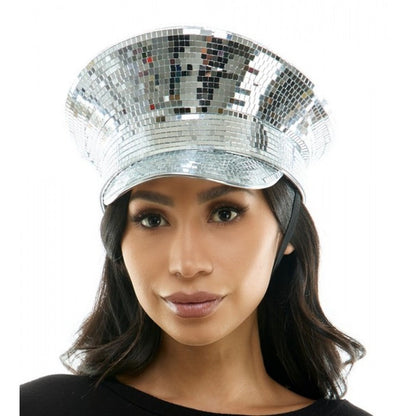 A shiny silver mirrored festival hat with a reflective disco ball surface and a structured brim