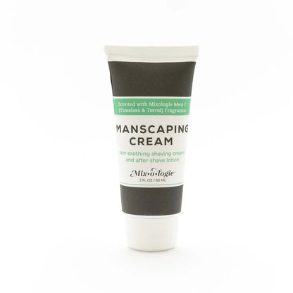 White tube of Mixologie manscaping cream shave lotion with minimalist black and green text label for grooming use