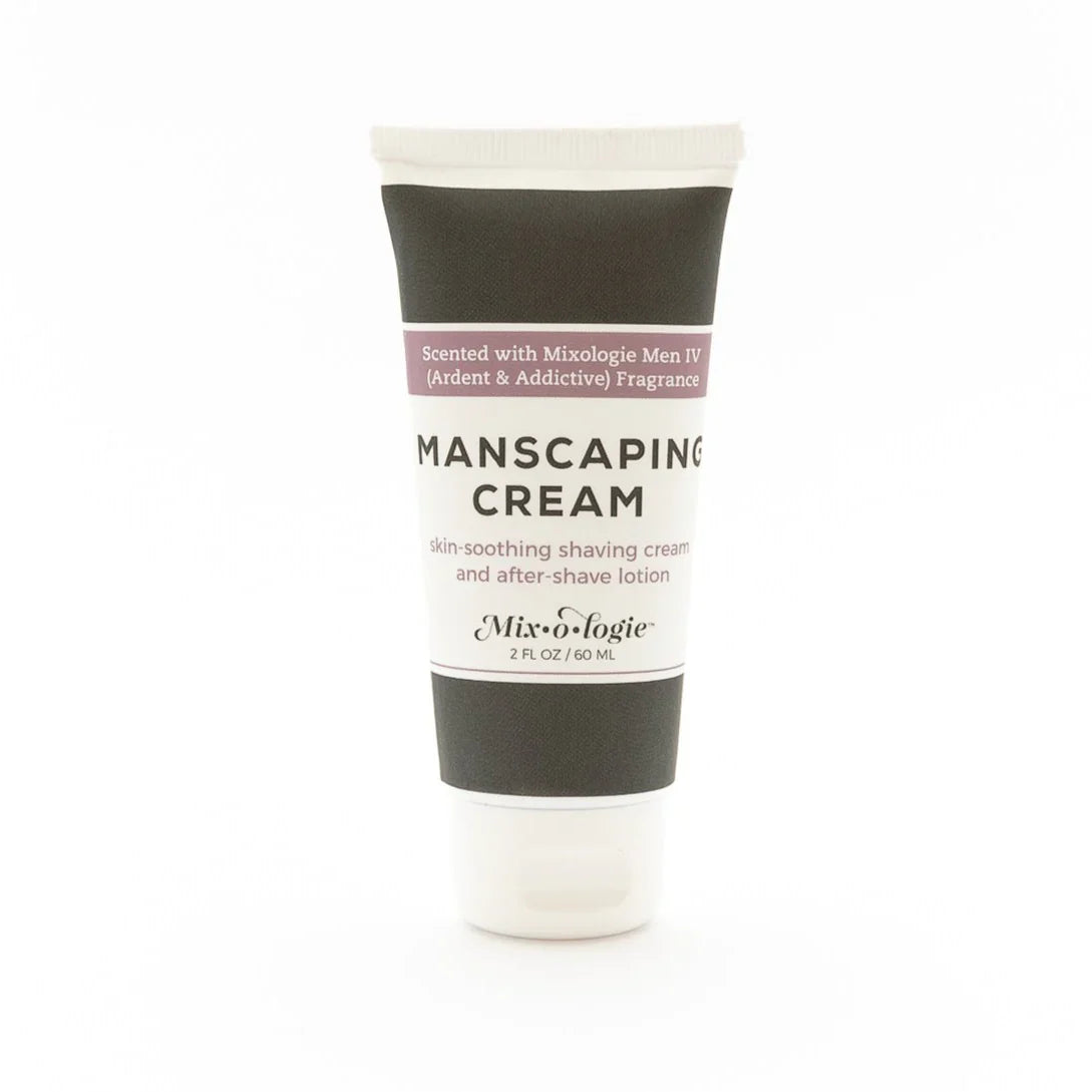 A sleek black and white tube of mixologie manscaping cream shave lotion with minimalist label and elegant typography